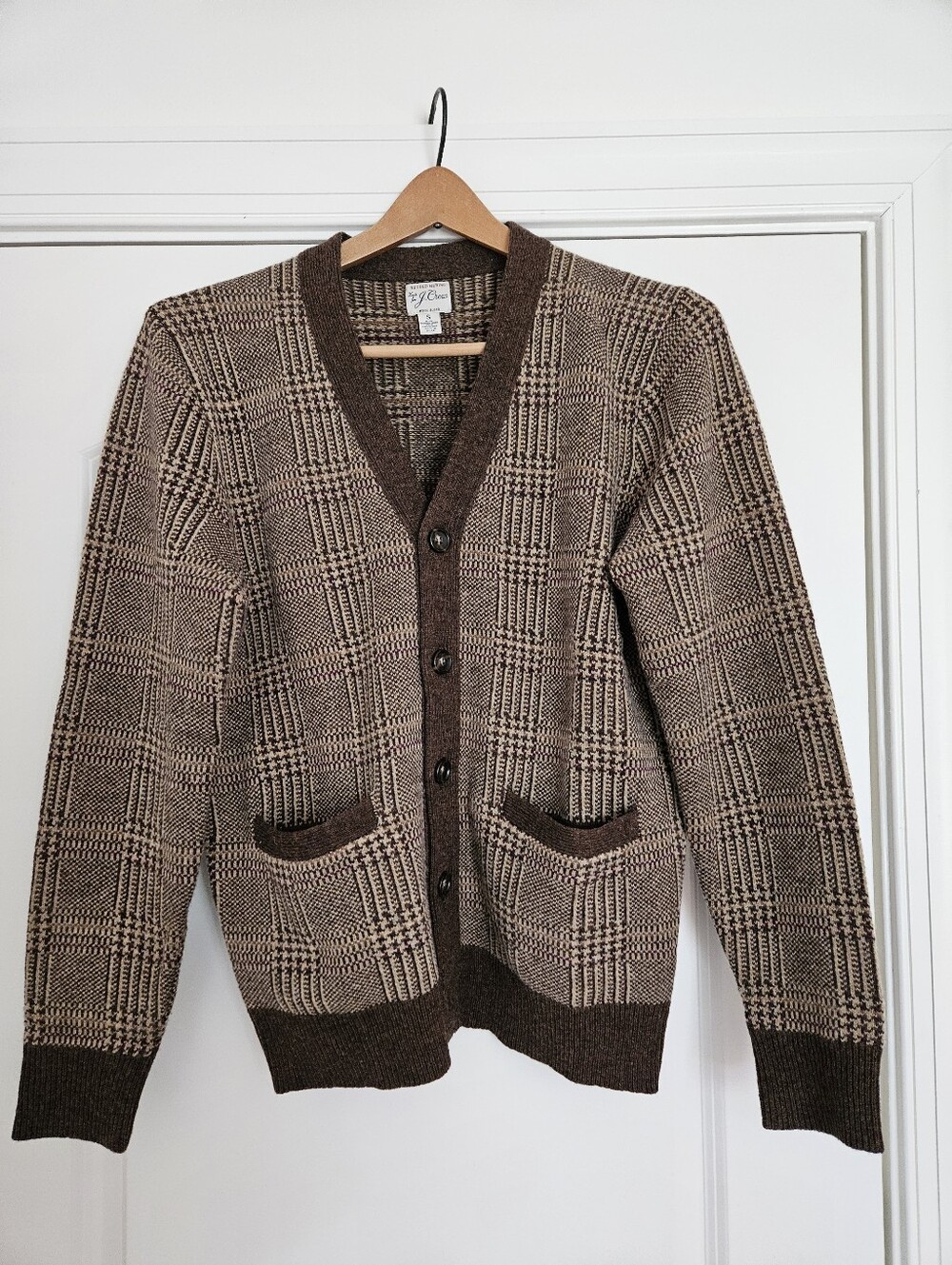 Brown Wool Blend Cardigan From J. Crew With Plaid Houndstooth Pattern.
